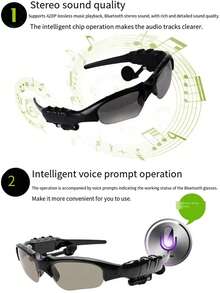 Hands-Free Wireless Bluetooth Earbuds With Polarized Smart Glasses, Music, Suitable For Men And Women, Sports, Driving, Running, Built-In Microphone For Calls - Black - View 4