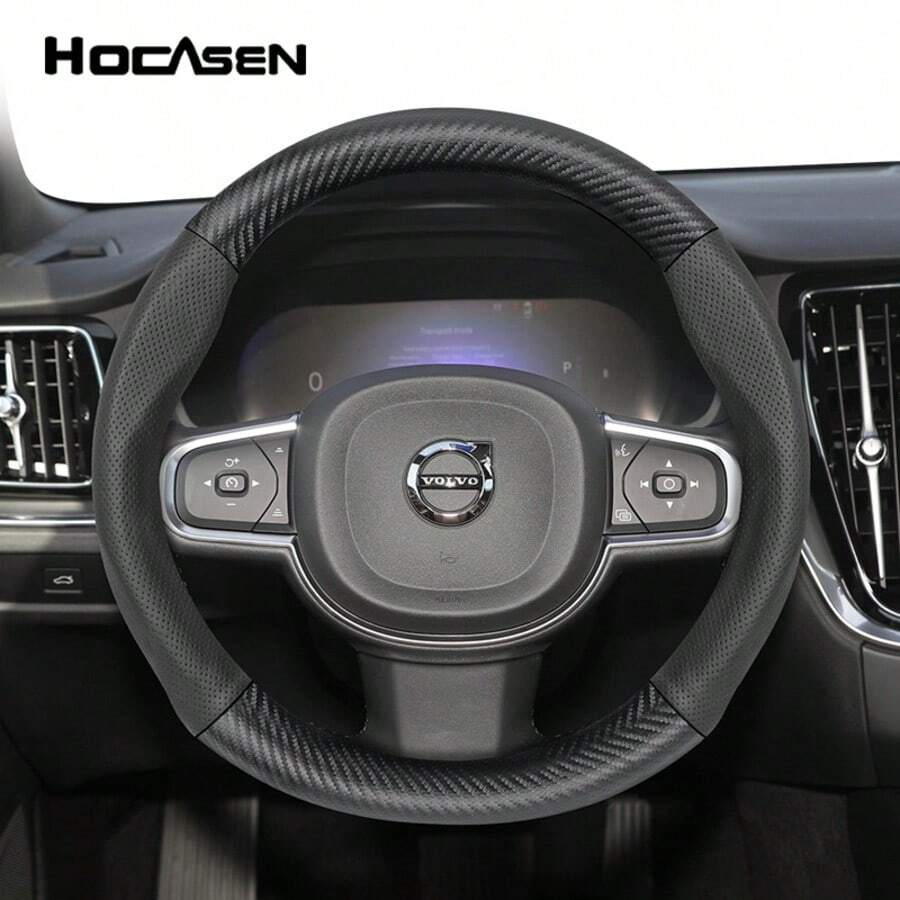 Hocasen 適用於 Volvo 方向盤套 磨砂碳纖維紋理皮革結合穿孔透氣 PU 皮革 適用於 XC60/XC40/EX40/XC90/EX30/S60/EX90/EC40/V90//EX30 Cross Country/V90 Cross Country/S90/ES90 及其他車型 黑色 酒紅色 摩卡色