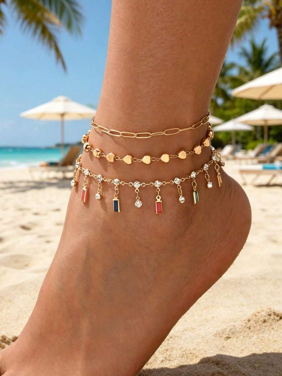 3pcs/Set Gelang Kaki Gaya Mewah Serbaguna Musim Panas, Set Multi-Piece Fashion dengan Hiasan Rantai Hati Rumbai Berlian Imitasi Warna-warni, Perhiasan Kaki Wanita Emas, Cocok untuk Pemakaian Sehari-hari, Liburan Pantai, Kencan, Pesta, Festival Musik - MultiWarna - View 1