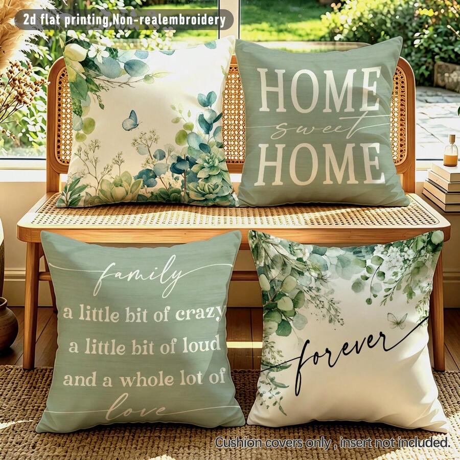4pcs Minimalist Daily Plant Warm Home Slogan Cushion Covers, Single-Sided Printed Peach Skin Velvet Polyester Material, 45*45CM Pillowcases For Modern Fabric Sofa Indoor Decor, Party Decoration, Gift Giving - Multicolor - View 1