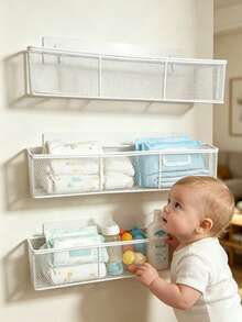 1/2/3pcs No Drill Compartment Nursery Wall Storage Basket, Adhesive Baby Organizer Rack, Wall Mount Caddy For Infant Toys Bottles Skincare Supplies - Multicolor - View 5