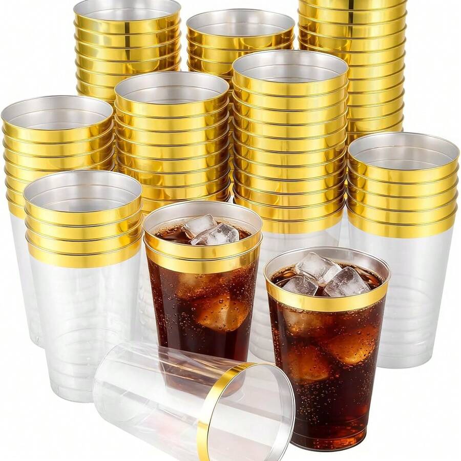 10入金邊杯 200ml 透明平底杯,優雅金邊杯,帶金邊,適合婚禮、感恩節、聖誕節平底金邊杯,適用於婚禮優雅派對杯 - 金色 - 查看 1