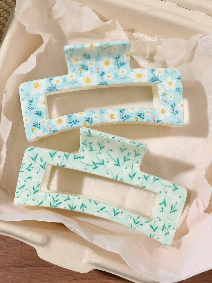 2件裝薄荷綠與藍色PC材質碎花方形與半圓形髮夾,半紮髮髻髮夾,碎髮整理夾,後腦髮夾,分髮造型工具,慵懶女孩髮飾,波希米亞溫柔田園風,柔軟質感,休閒街頭風,下午茶髮飾海灘度假髮夾 - 彩色 - 查看 1