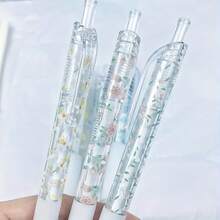 1pc/6pcs Floral Print Retractable Gel Pens, 0.5mm Fine Point Quick Dry Black Ink Neutral Pens, Cute Transparent Flower Pattern Writing Pens For Journal School Office Stationery Supplies, Back To School - A - View 5