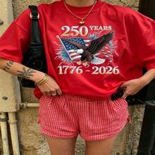 Heartfelt Daily Casual Graphic T-Shirt 100% Cotton Oversized Soft Breathable Casual Crewneck Short Sleeve Top Vintage Aesthetic Red Checkered Shorts Street Style  Basic Casual Wearers Fashion Lovers Daily Outfit Enthusiasts Gift Givers - 紅色 - 查看 18