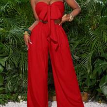 Red Tie Front Bandeau Top And Wide Leg Pants Women Holiday Outfit,Summer Sets - Red - View 7