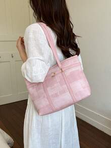 Minimalist Style Large Capacity Women's Tote Bag, Fashionable Versatile Commuter Shoulder Bag - Pink - View 3