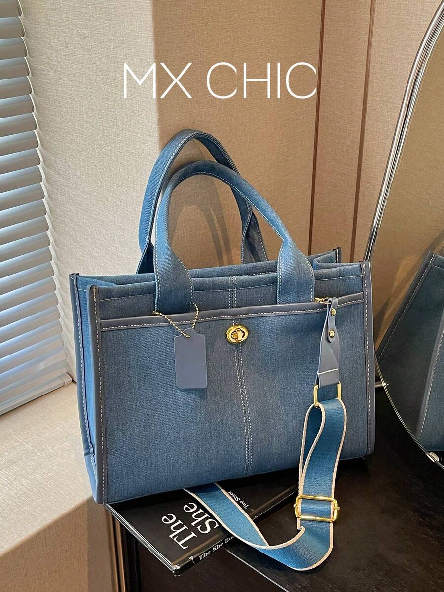 休閒優雅純色牛仔女款手提包,寬肩帶單肩斜挎包,大容量時尚托特包,藝術風格後背包,適合女性或學生,可裝書籍、購物、開學等 - 淺藍色 - 查看 1