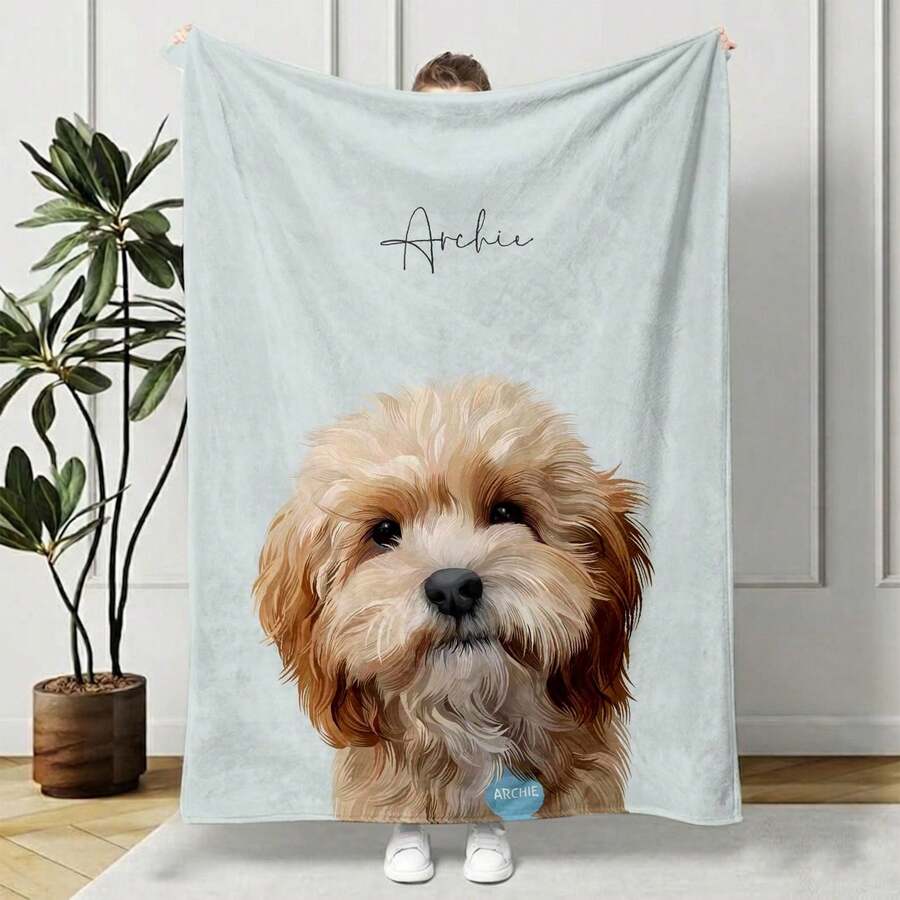 Customized Pet Photo Portrait Blanket: Personalized Flannel Dog/Cat Mom Gift - Multicolor - View 1