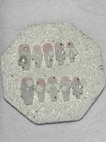 10片甜美天使3D美甲貼片－粉色漸層亮片翅膀花卉穿戴甲，美甲用品（含1片果凍貼 + 1片指甲锉） - 白色 - 查看 11