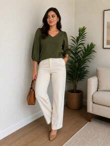 3/4 Length Polyester Blouse, Contrast Knit, Sizes M To XL, Perfect For Daily Wear, Holidays, Office, Home, And Autumn. - 軍綠色 - 查看 2