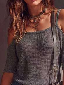 Bohemian Off-Shoulder Knit Cover Up, Sheer Batwing Sleeve Pullover, Sapphire Blue, Casual/Party Wear, Spring/Summer/Autumn - Khaki - View 4