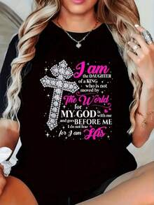 Camisa de regalo para el D■a de la Madre, el D■a del Padre, Pascua 2026, regalo de Navidad para mujeres, 1 pieza de camiseta casual de mujer con estampado plano "Soy hija del Rey", de man... - Negro - Ver 2