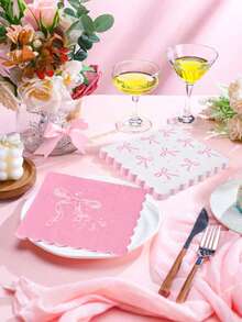 20pcs Pink Ribbon Pattern Napkins, Suitable For Baby Shower, Cute 4-Grid Design, Baby Shower Table Decor, Suitable For Baby Party Tableware, Disposable Bow Print Napkins, Pink And White Napkins - Multicolor - View 3