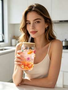 Niedlicher Glasbecher mit Blumenmuster, Bambusdeckel & Glasstrohhalm, klarer becherförmiger Eiskaffeebecher für Saft, Cocktail, Getränke und täglichen Gebrauch - Verschiedenfarbig - Übersicht 5