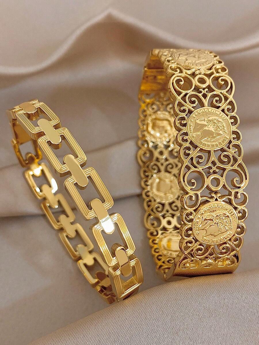 Ensemble de bracelets joncs vintage dorés ajourés avec portrait de pièce, pour femmes, bijoux en acier inoxydable, cadeau bohème d'été pour maman, pour le quotidien, les fêtes, les anniversaires et la Saint-Valentin - Multicolore - Voir 1