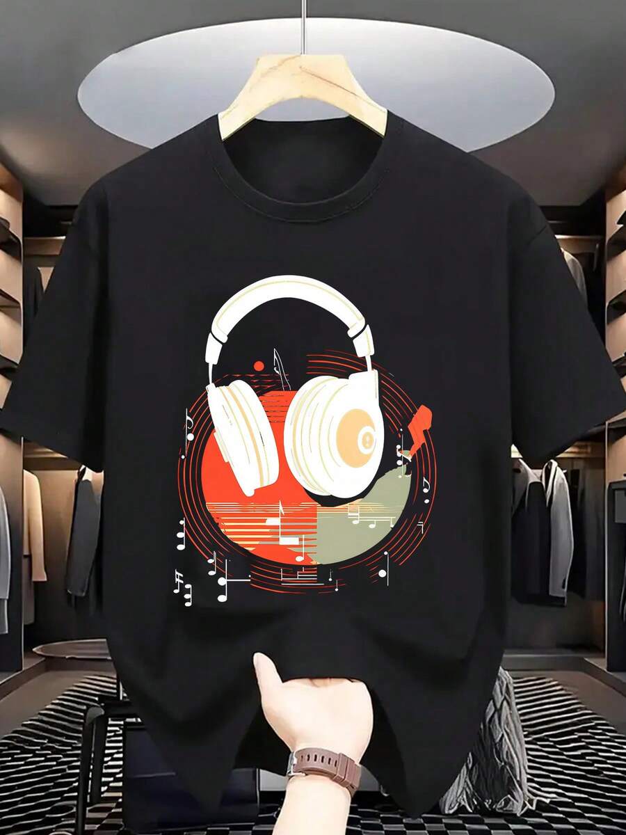 T-shirt a maniche corte da uomo con fantasia, ideale per l'estate. - nero - Visualizzare 1