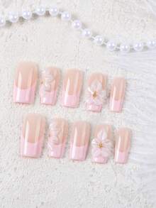 10pcs Glossy Medium Square Press-On Nails, Nude Pink Dual-Tone French Acrylic Nails With 3D Transparent White Flowers And Gold Bead Decor, Sweet And Elegant, Makes Hands Look Slender, Reusable, Suitable For Daily Wear And Dates, Girls Gift, Hot-Selling 3D Floral Pink French Nail Stickers Handmade Press On Nails - Baby Pink - View 13