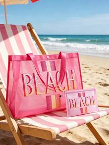 網格海灘包與小收納袋套組，印有夏季「BEACH」圖案，充滿夏日氛圍，包含購物袋、海灘包、夏威夷風透明收納袋、旅行盥洗包、海灘托特包、休閒度假包、化妝收納袋，適合學校、度假、假期和返校，是送給朋友和老師的理想禮物，也適合生日、派對、夏季、度假、假期和婚禮場合 - 彩色 - 查看 3
