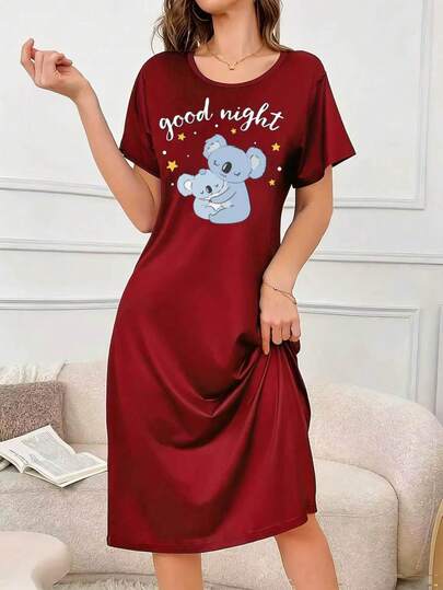 Summer New Koala Print Short Sleeve Long Nightgown Red Loose Long Dress Home Wear Gentle Girl Style Comfortable Sleepwear Dress