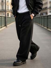 Men's Solid Color Retro Plaid Waistband Casual Long Pants, Street Dark Style Straight Leg Pants - Black - View 2