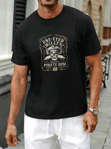 T-shirt ho m me en coton premium avec motif de crâne de pirate vintage, style streetwear hip-hop, confortable, durable, impression à fort impact. - Noir - Voir 1