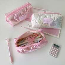 1/2pcs New Pink Girly Star Shiny Large Capacity Pencil Case, Stationery Storage Bag, Portable Cosmetic Organizer, Water-Resistant Wear-Resistant Fabric, Smooth Zipper, Structured Shape, Dirt-Resistant Easy-To-Clean, Multi-Compartment Storage For Neutral Pens, Rulers, Sticky Notes, Tape, Lipstick, Powder, Earphones, Hair Ties, Band-Aids, Daily Essentials, Suitable For Girls, School, Self-Study, Commute, Travel, Home, Dorm, Daily Makeup Touch-Ups, Shopping, Versatile Storage, Sweet Dreamy Niche Design, Unique Style, Practical Gift For Students, Birthdays, Best Friends - Multicolor - View 2