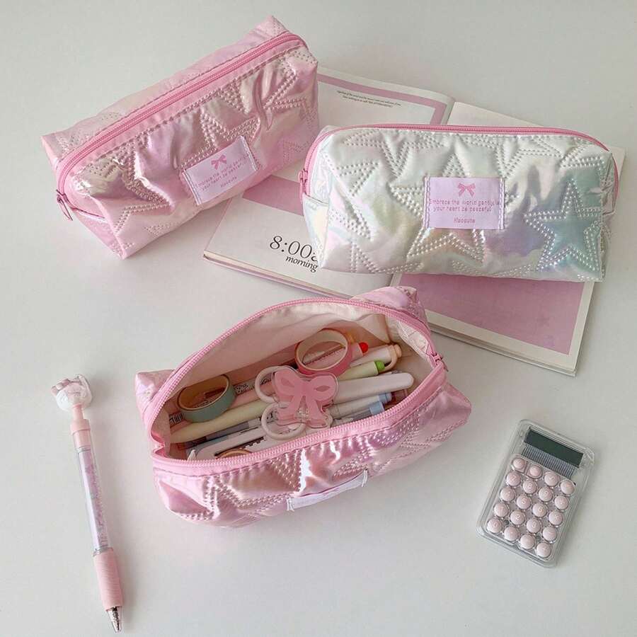 1/2pcs New Pink Girly Star Shiny Large Capacity Pencil Case, Stationery Storage Bag, Portable Cosmetic Organizer, Water-Resistant Wear-Resistant Fabric, Smooth Zipper, Structured Shape, Dirt-Resistant Easy-To-Clean, Multi-Compartment Storage For Neutral Pens, Rulers, Sticky Notes, Tape, Lipstick, Powder, Earphones, Hair Ties, Band-Aids, Daily Essentials, Suitable For Girls, School, Self-Study, Commute, Travel, Home, Dorm, Daily Makeup Touch-Ups, Shopping, Versatile Storage, Sweet Dreamy Niche Design, Unique Style, Practical Gift For Students, Birthdays, Best Friends