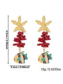 Brincos de Estrela do Mar, Coral e Peixinhos Pequenos Brisa do Oceano - Estilo de Praia Versátil, Acessórios de Orelha de Alta Qualidade para Mulheres - Multicolorido - Visão 5