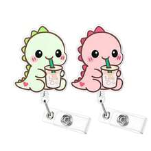 TONAVIETO 1pc Drinking Milk Tea Dinosaur Badge Reel Acrylic Retractable Badge Holder Clip With Swivel Alligator Clip For Nurses Doctors Office Worker Social Worker - Dinosaur - View 1