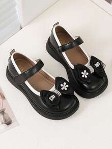 Soft Breathable Little Girls' Daily Shoes, Decorated With Lace Bows And Rhinestones - Black - View 2