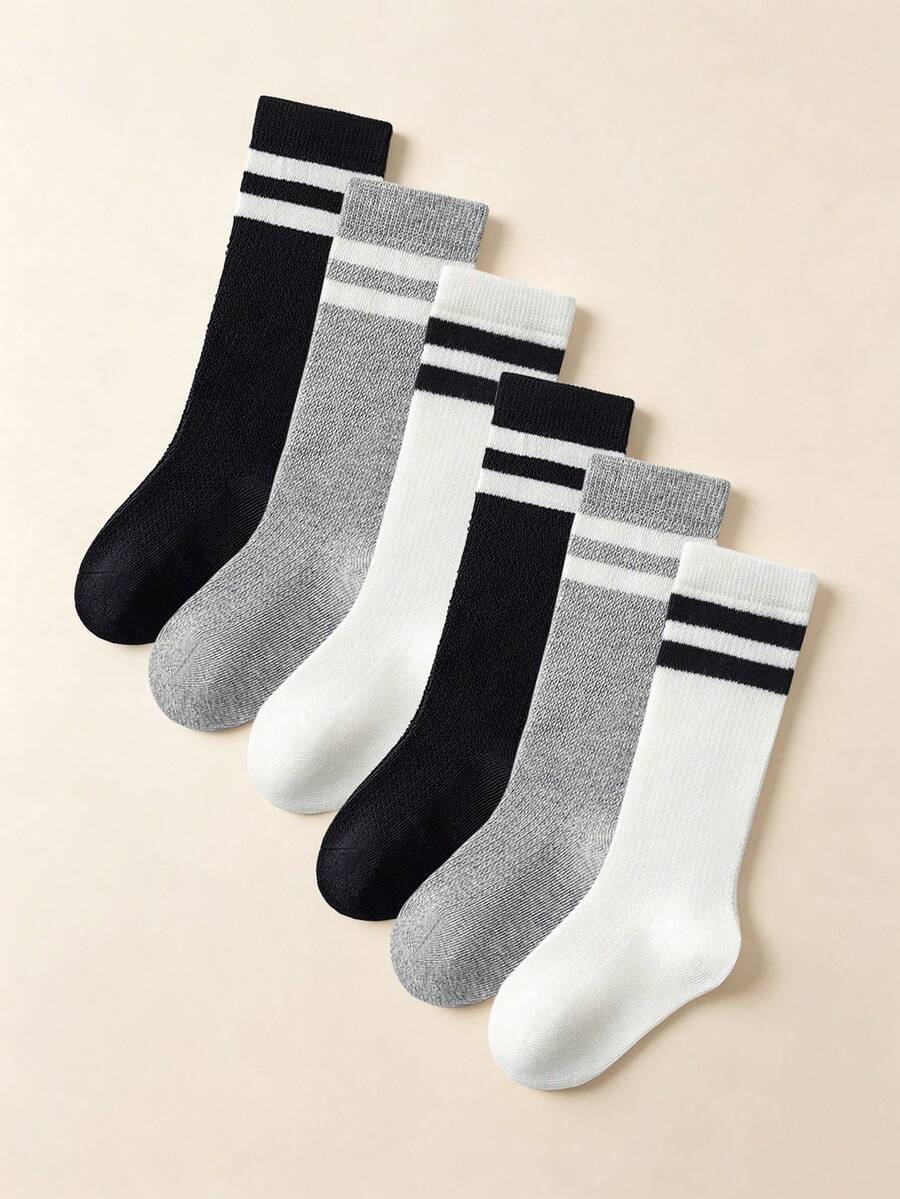 6雙兒童春秋四季通用運動條紋中筒襪,男女款學生運動襪 - 彩色 - 查看 1