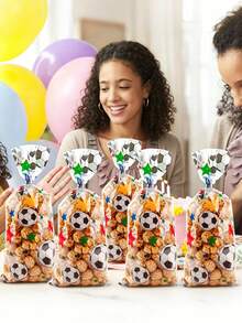 20pcs Football OPP Popcorn Bags, Transparent Football Pattern Gift Bags With Silver Twist Tie, Football Party Favor Bags, Suitable For Birthday, Party Supplies, Holiday Party Decorations, Gift Wrapping, Snacks Baking, Wedding Party, Football Theme Party - A - View 4