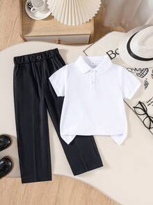2pcs/Set Young Boy School Style Classic Short Sleeve Polo Shirt And Navy Blue Long Pants, Suitable For School, Performance, Daily Activities - Royal Blue - View 1