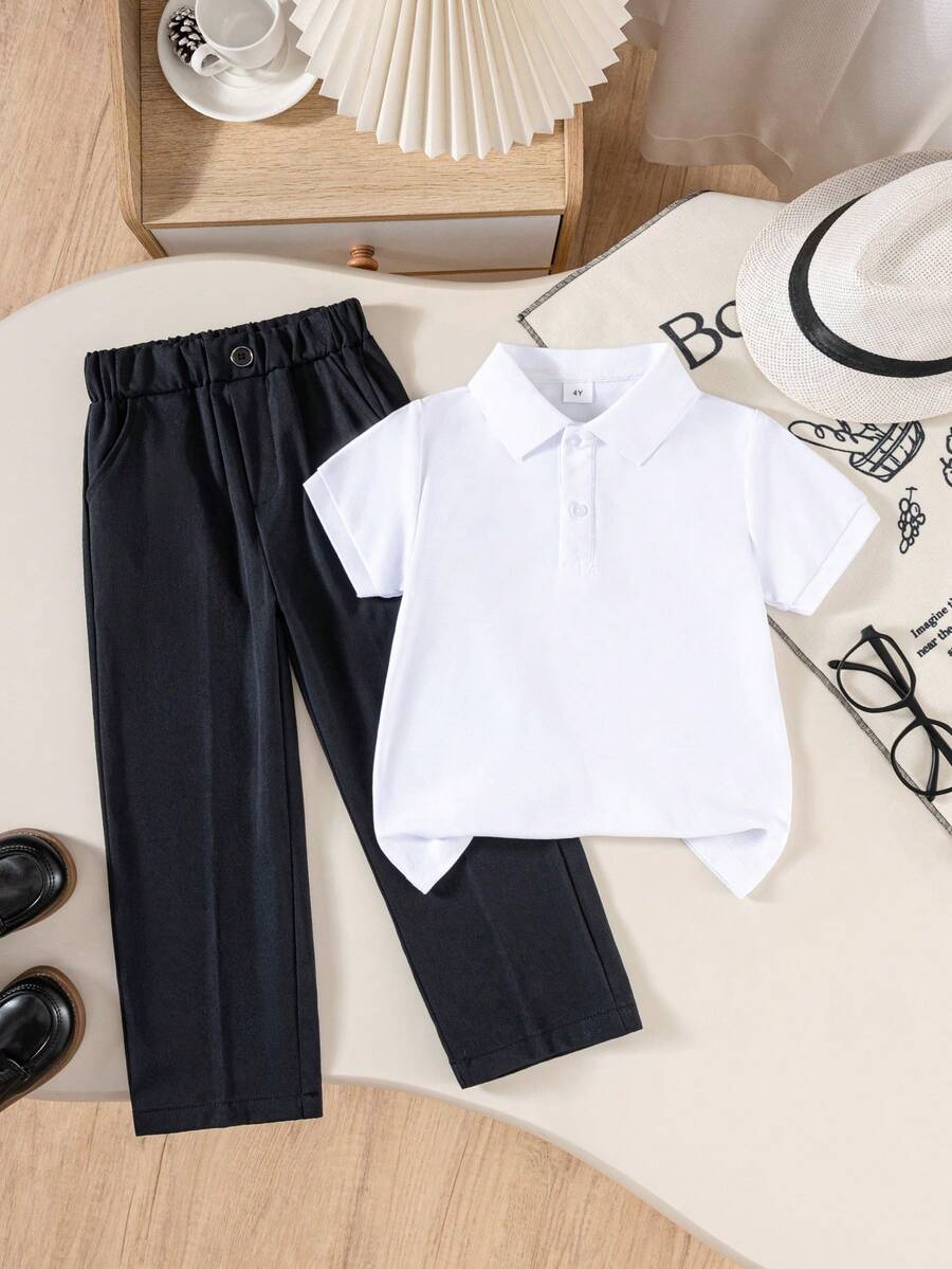 2pcs/Set Young Boy School Style Classic Short Sleeve Polo Shirt And Navy Blue Long Pants, Suitable For School, Performance, Daily Activities - Royal Blue - View 1