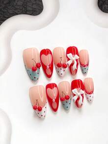 10pcs Sweet Girl Style Handmade Press-On Nails, Polygel Nail Art Set, Bow & Cherry Elements, Red & Blue Nail Colors, Elegant Style, Includes Nail Tools, 3 Sizes Available, Almond/Duck/Coffin Shape, Suitable For Party, Dancing, Daily Wear - Multicolor - View 12