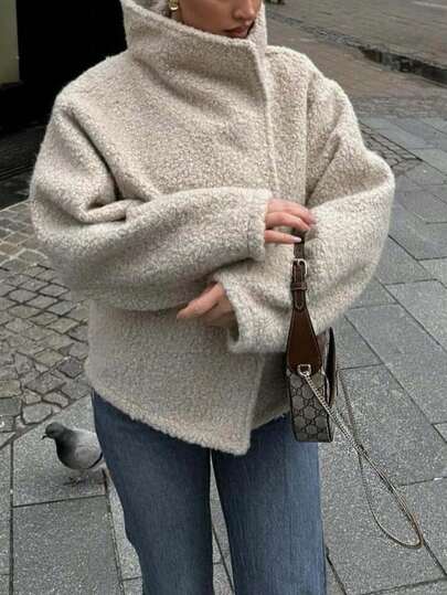 Autumn/Winter Basic Lamb Wool Jacket, High Neck Dropped Shoulder Loose Fit Slimming Daily Commute Warm Top