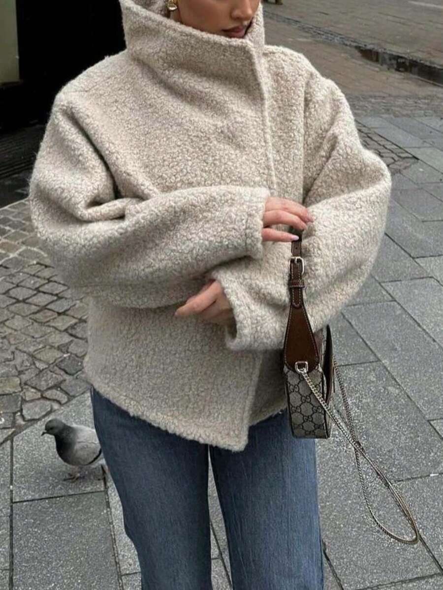 Autumn/Winter Basic Lamb Wool Jacket, High Neck Dropped Shoulder Loose Fit Slimming Daily Commute Warm Top - Light Grey - View 1