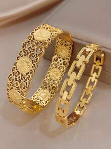 Ensemble de bracelets joncs vintage dorés ajourés avec portrait de pièce, pour femmes, bijoux en acier inoxydable, cadeau bohème d'été pour maman, pour le quotidien, les fêtes, les anniversaires et la Saint-Valentin - Multicolore - Voir 2
