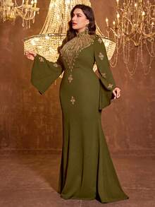 UNITHORSE Women's Stand Collar Long Sleeve Fitted Linen Evening Dress Wedding Party Fall - Olive Green - View 5