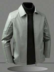 Men's PU Leather Jacket With Fleece Lining, Thickened For Autumn/Winter - Green - View 4