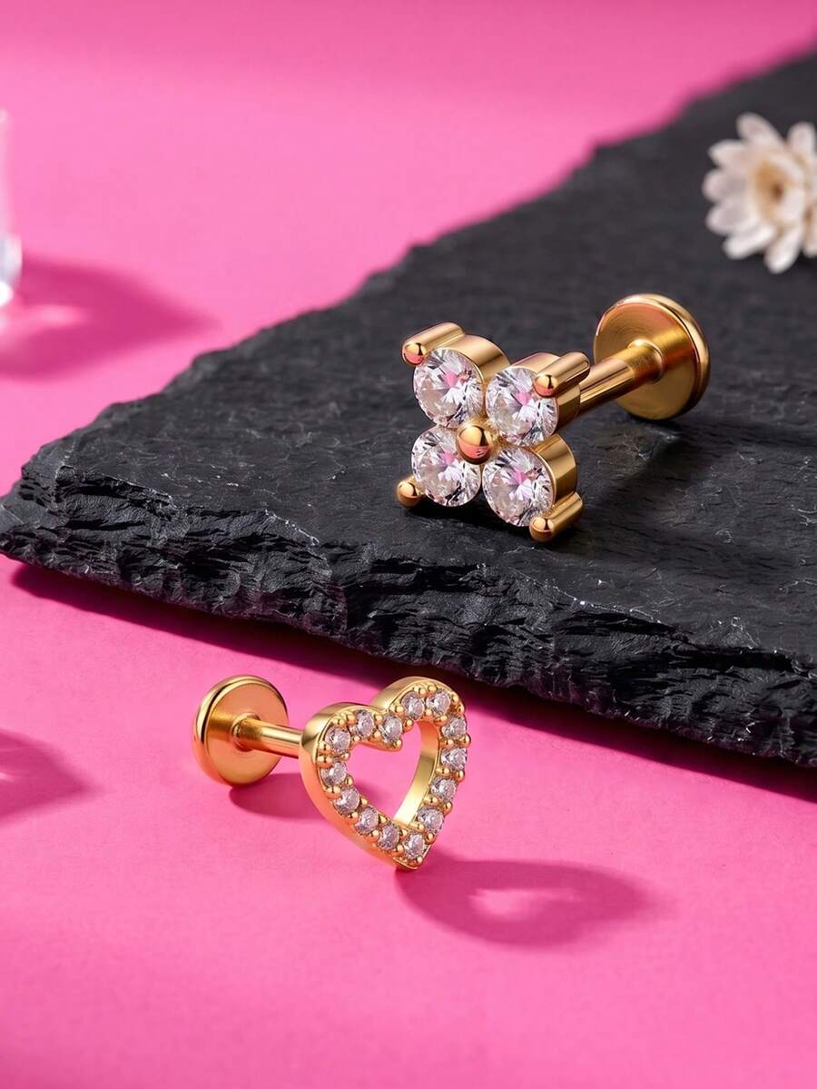 Flat Back Press-In Lip Stud, Screwless Personalized Nose Ring Medusa Lip Piercing Jewelry, Butterfly Heart-Shaped Zirconia Lip Stud Piercing Jewelry - Pole Type - View 1