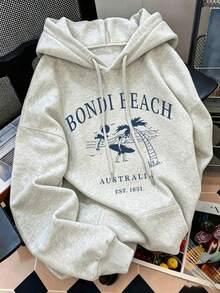 Plus Size Bondi Beach Coconut Tree & Surf Pattern Lightweight Pullover Hoodie, Loose Fit, Dropped Shoulder Design, With Pockets Casual Vacation - Light Grey - View 4