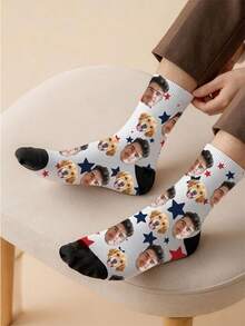 1 Pair Unisex White Customized Dog Face & Star Print Soft Breathable Casual Crew Socks, Suitable For Daily Wear And Holiday Gifts - Multicolor - View 4