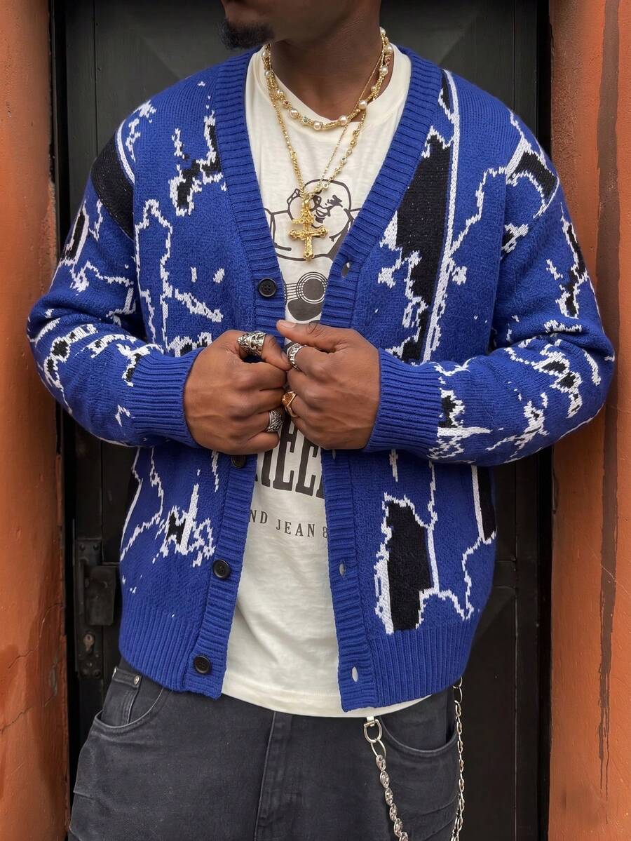 ANDREILEE Blue USA Map Print Casual Cardigan, Unisex High Street Fashion Versatile V-Neck Long Sleeve Button-Up Ribbed Knit Sweater For Commute & Daily Wear - Blue - View 1