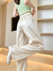 Women's New Chinese Style Jacquard Wide Leg Pants, High Waist Button Decor Straight Leg Trousers, Elegant Casual Black Pants - Apricot - View 5