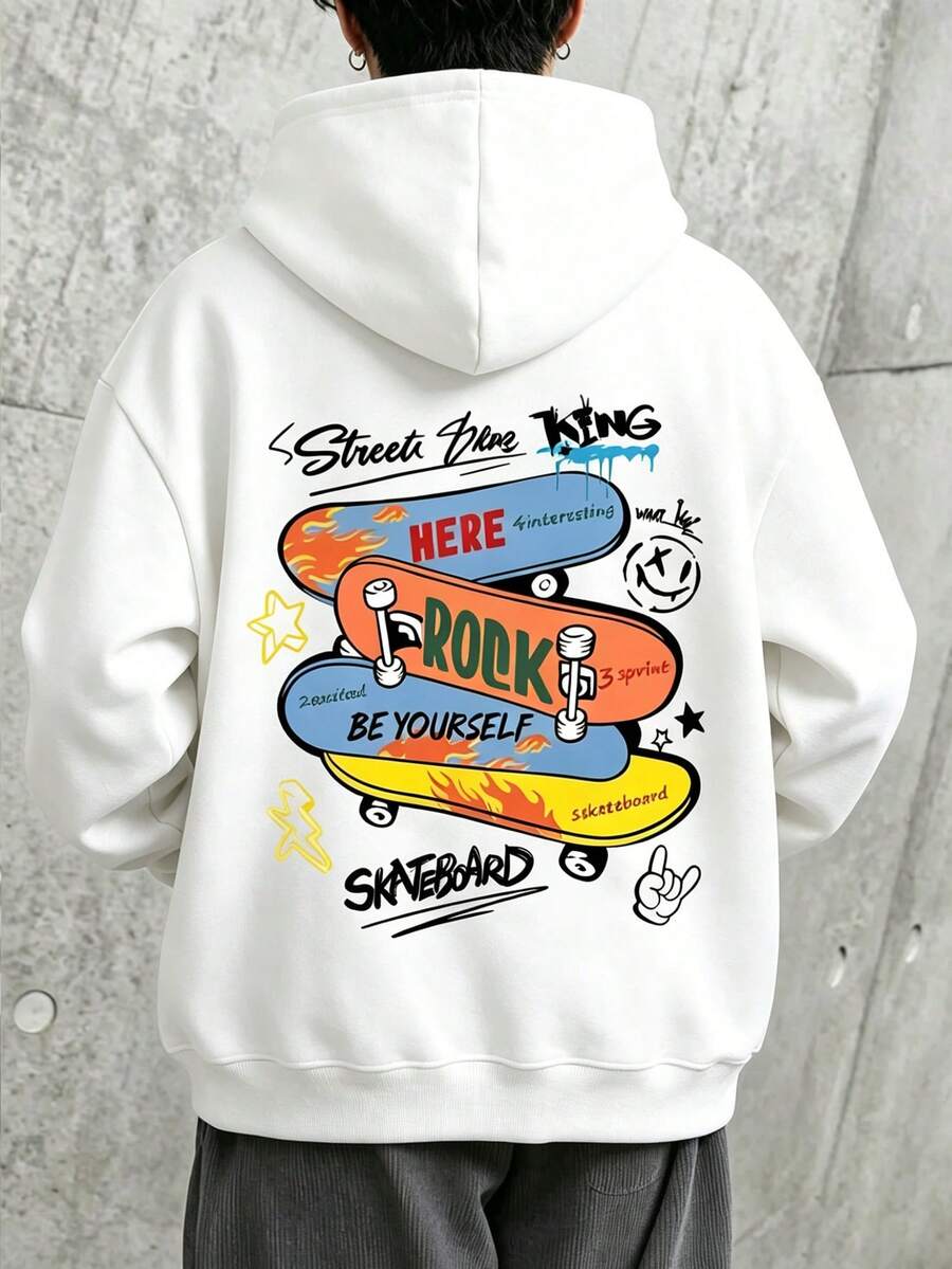 Sudadera cálida con estampado de monopatín de dibujos animados para niño preadolescente - Blanco - Ver 1