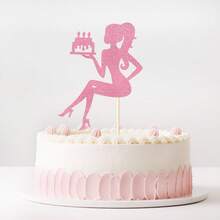 Black & Pink Glitter High Heel Shoes Women's Cake Topper, Elegant Sitting Silhouette Holding Birthday Cake, Bachelorette Party, Bridal Shower, Birthday Party Cake Decoration Supplies - View 9
