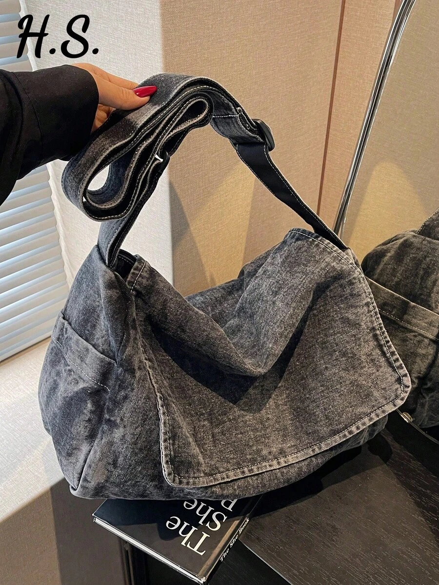 复古美式极简水洗加厚深灰色帆布包,百搭大容量斜挎包,休闲大学生单肩包,可折叠拉链翻盖快递包,简约街头风格流浪包 - 深灰色 - 查看 1