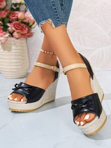 Sandalias de plataforma con cuña y hebilla de unicolor estilo retro para mujer de talla grande - Negro - Ver 3